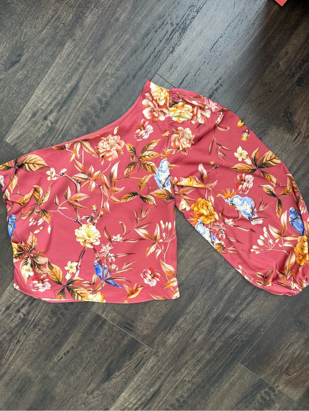 Express One Shoulder Floral Bird Print Blouse Puff Sleeve Pink XS Tropical